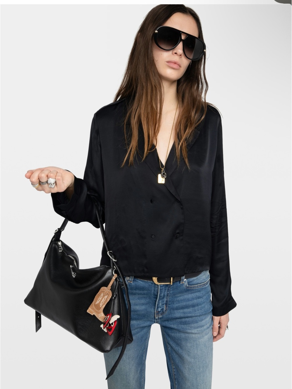 Women ZADIG  & VOLTAIRE NWT Tussi Black Satin Double Breasted Top-Large